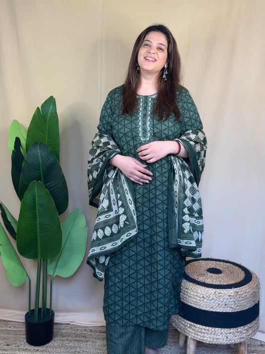 Bottle Green Printed Kurta Set with Embroidered Neckline