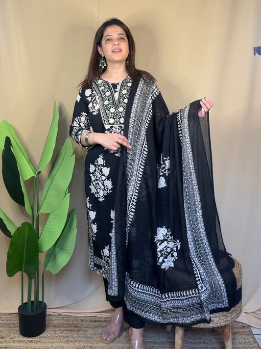 Black Embroidered Kurta Set with Printed Dupatta