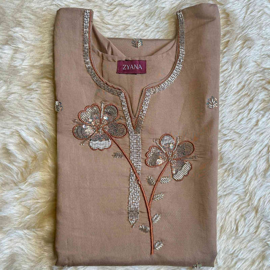 Coffee Brown Embroidered 3-Piece Kurta Set with Printed Dupatta
