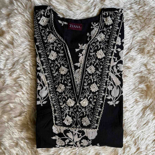 Black Embroidered 3-Piece Kurta Set with Printed Dupatta