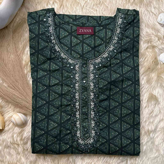 Bottle Green Printed 3-Piece Kurta Set with Embroidered Neckline