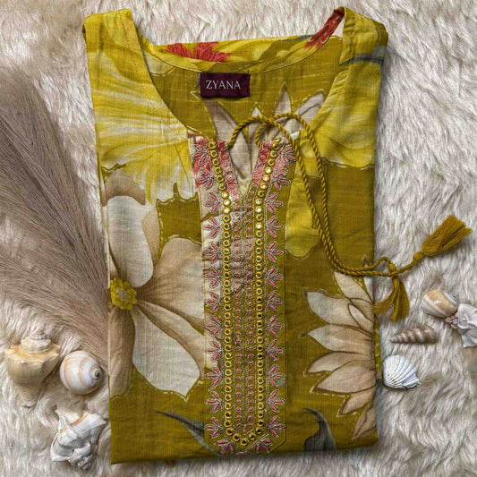 Mustard Printed 3-Piece Kurta Set with Embroidered Neckline