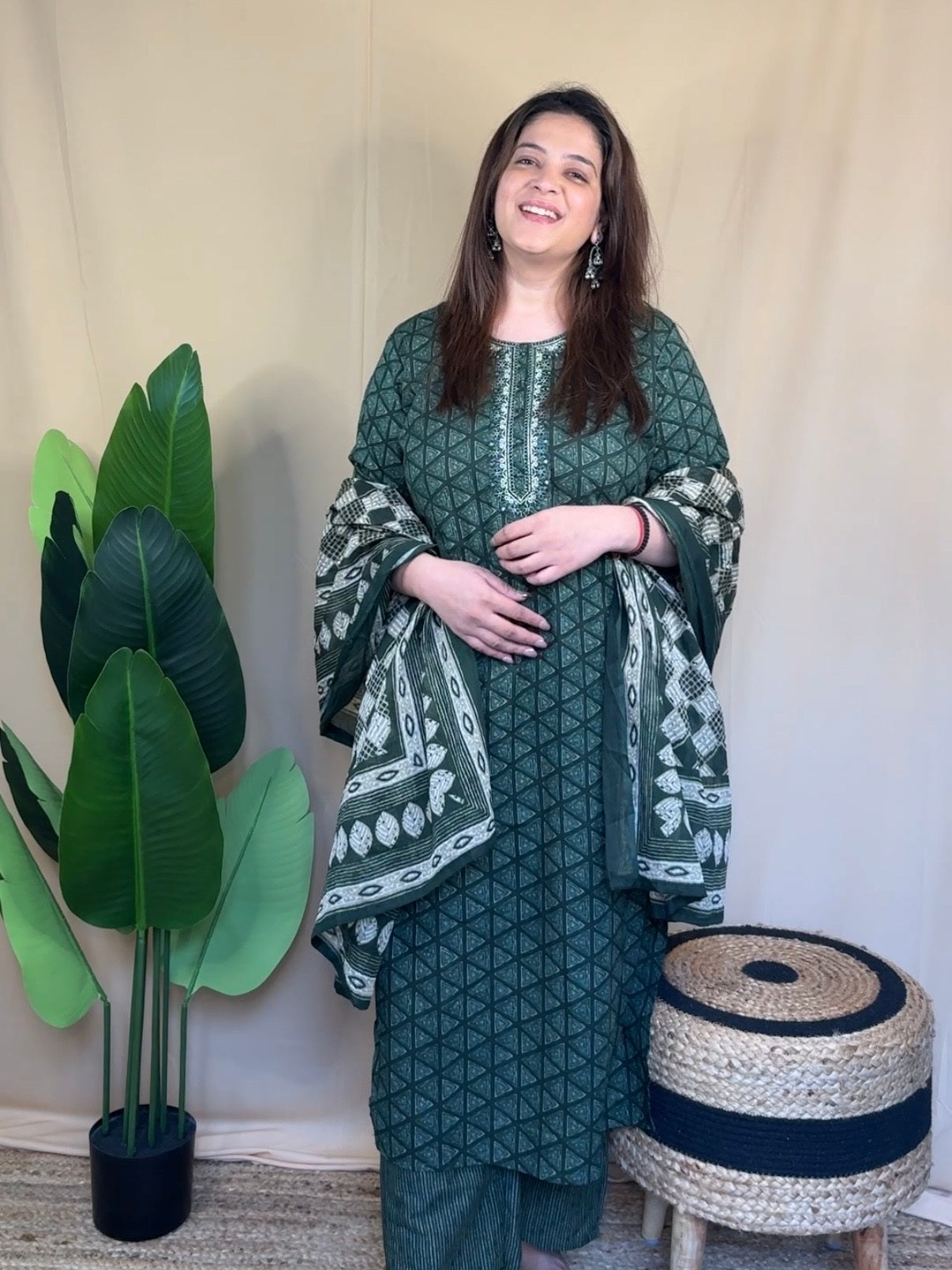 Bottle Green Printed Kurta Set with Embroidered Neckline