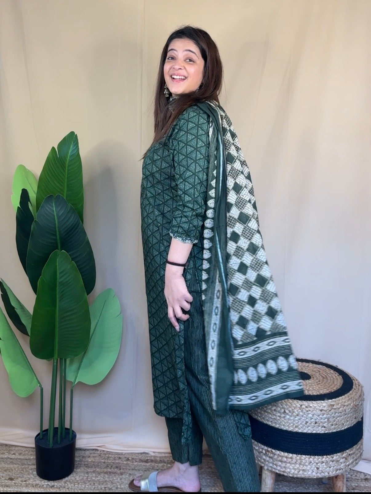 Bottle Green Printed Kurta Set with Embroidered Neckline
