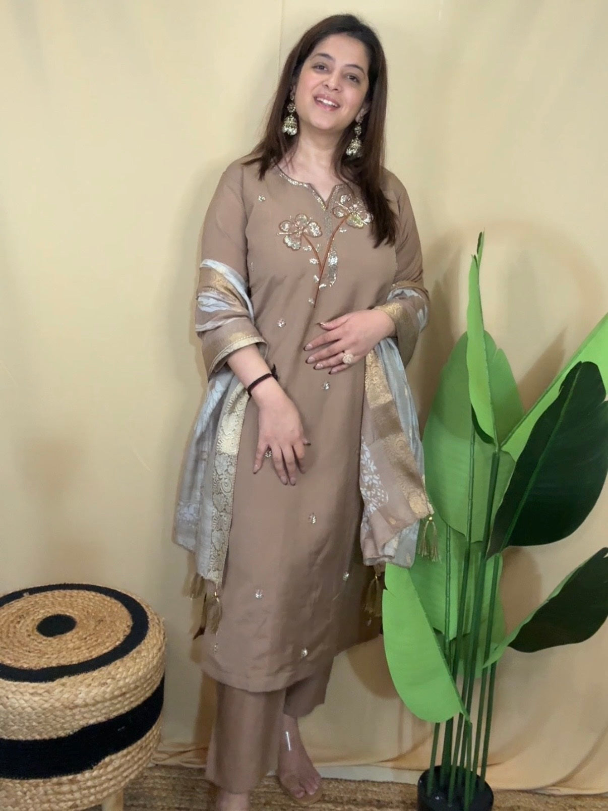 Coffee Brown Embroidered Kurta Set with Printed Dupatta