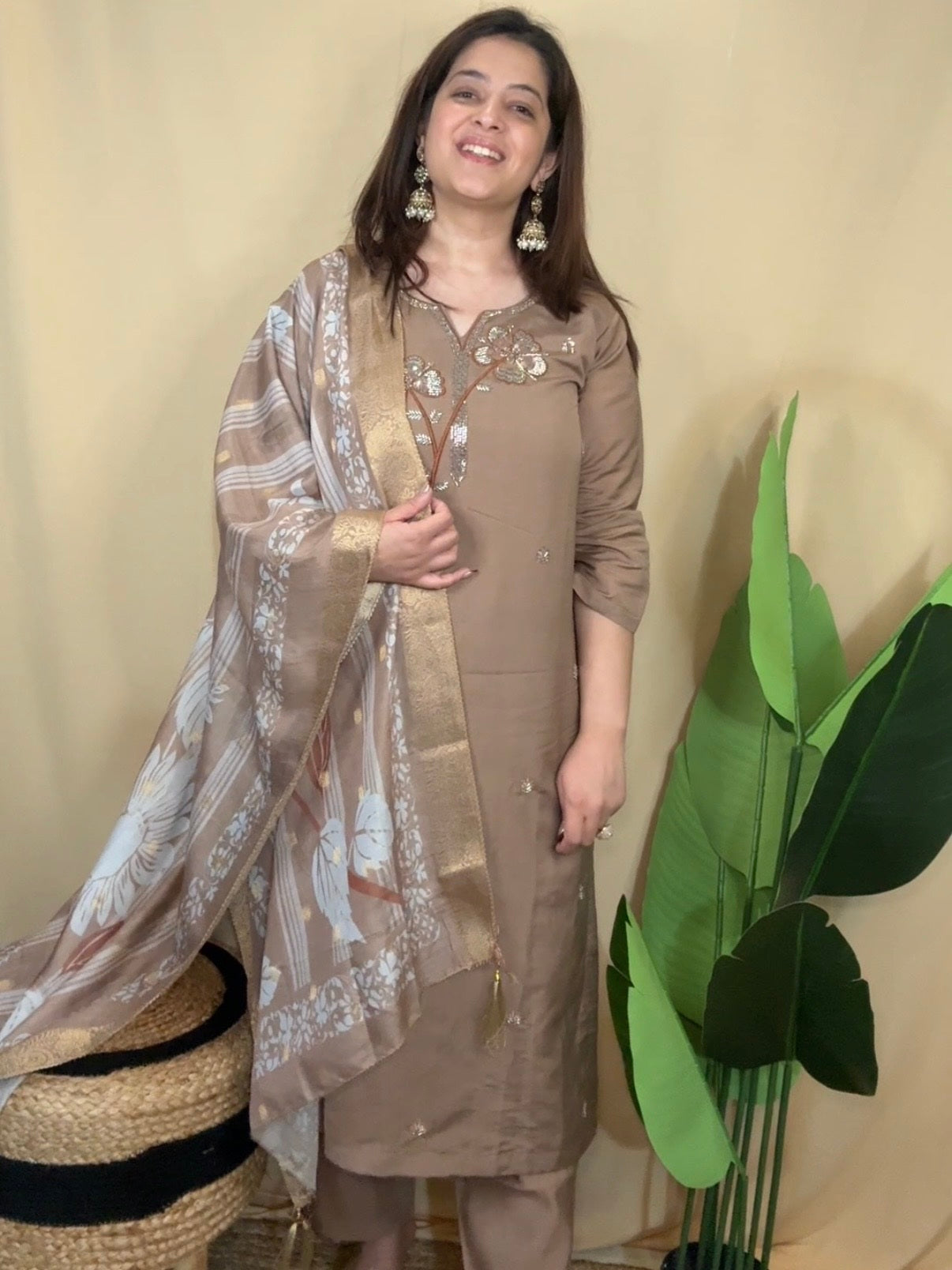 Coffee Brown Embroidered Kurta Set with Printed Dupatta