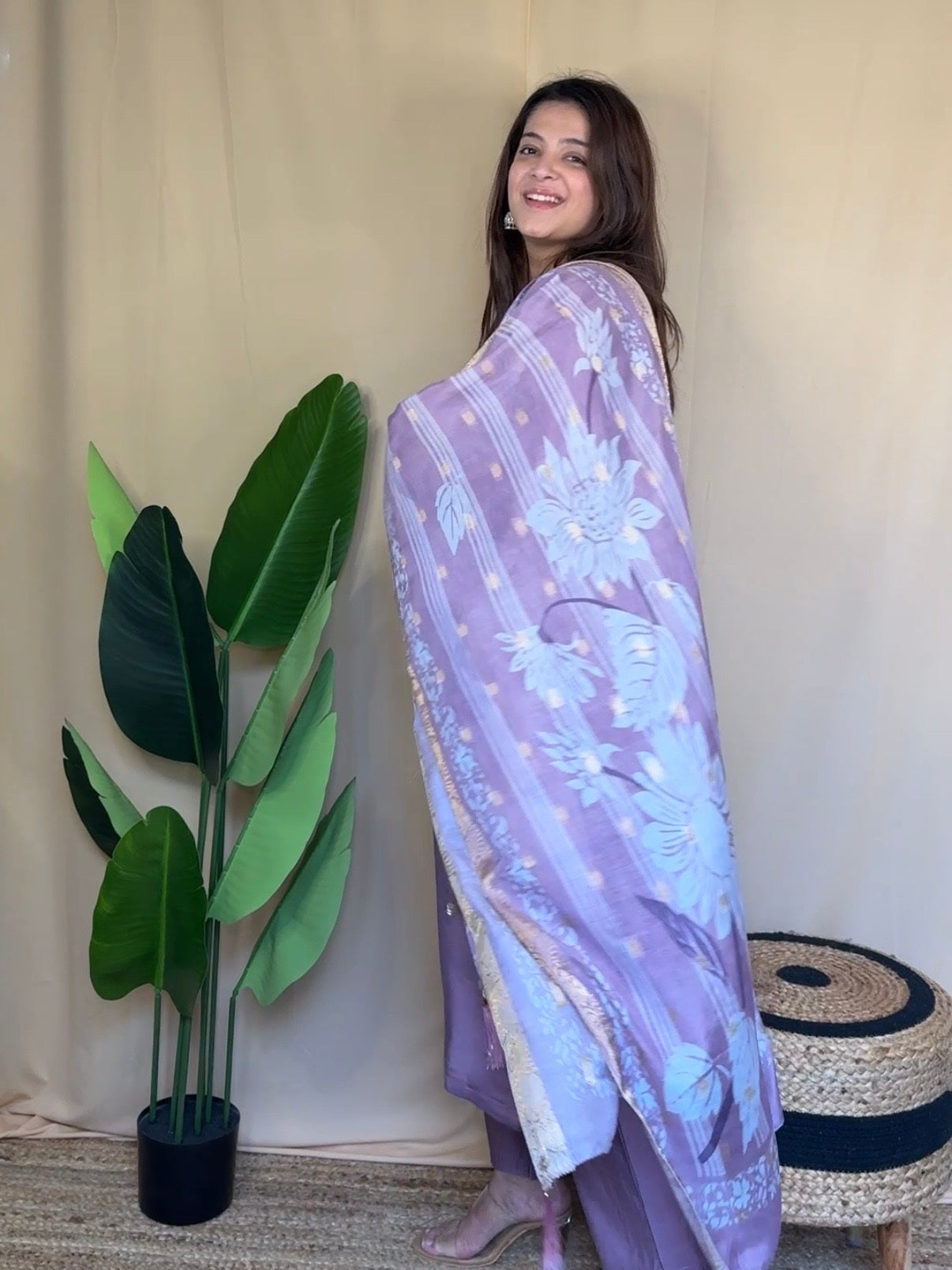 Lavender Embroidered Kurta Set with Printed Dupatta