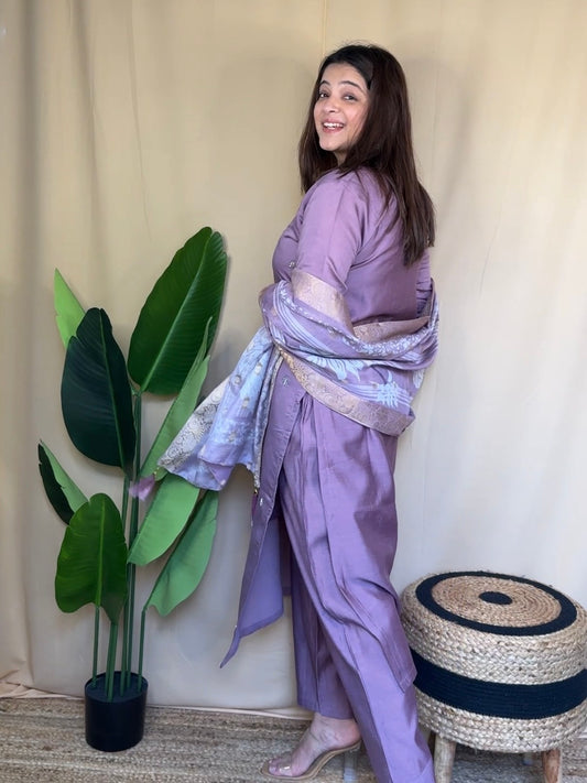 Lavender Embroidered Kurta Set with Printed Dupatta