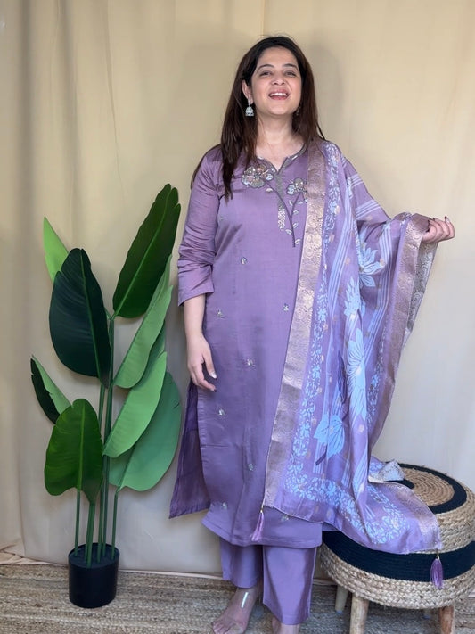 Lavender Embroidered Kurta Set with Printed Dupatta