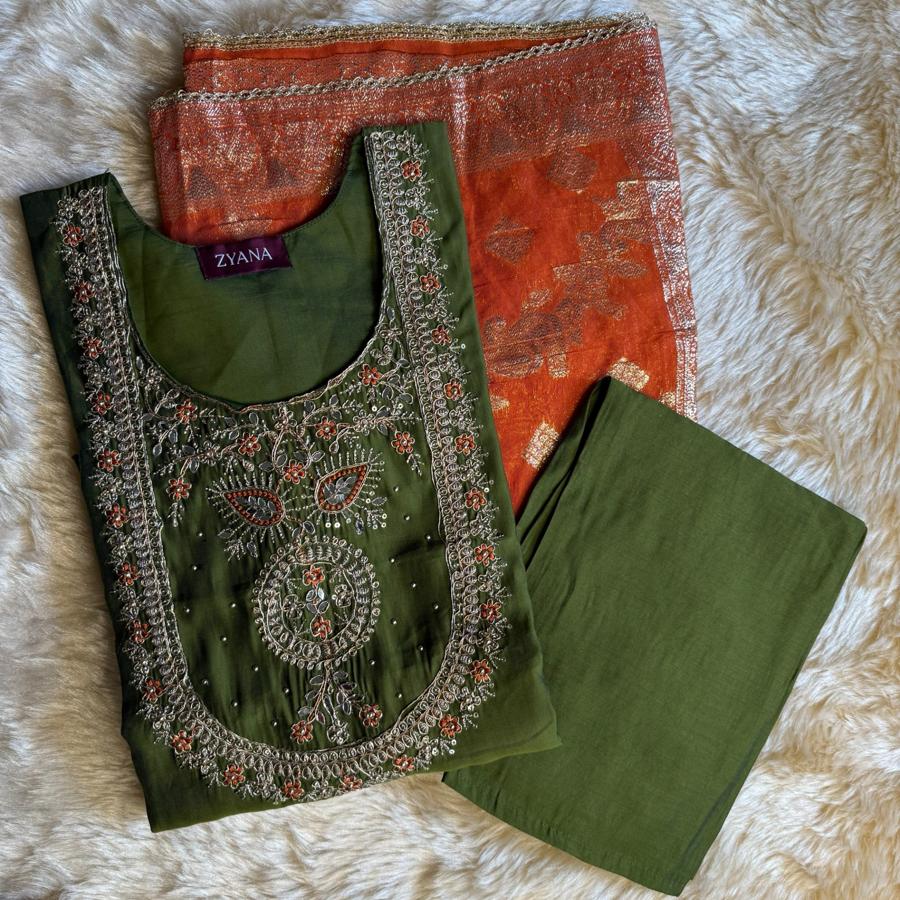 Olive green Embroidered Kurta Set with Rust Banarasi Dupatta