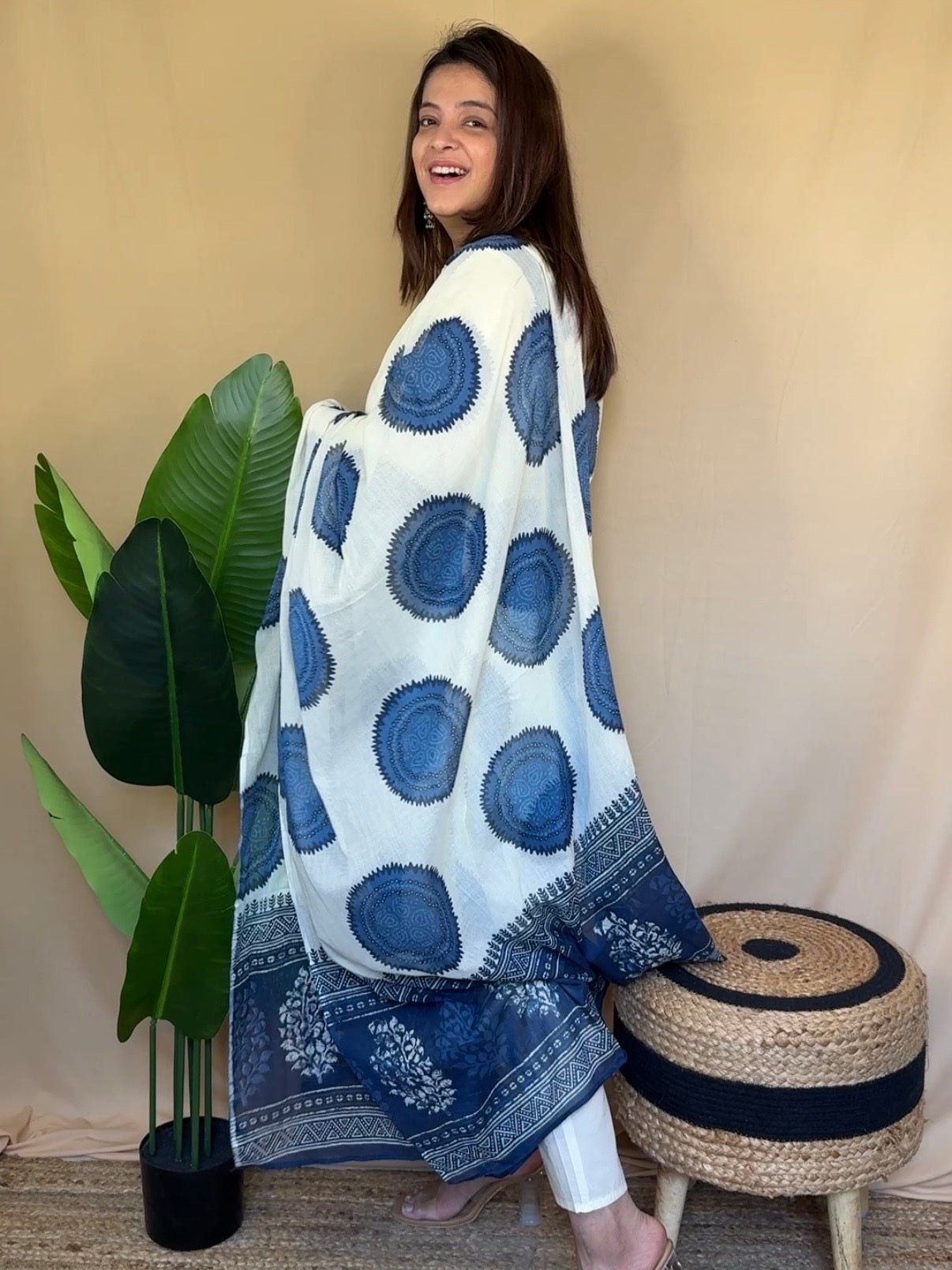Off-White Blue Printed Kurta Set with V Neckline