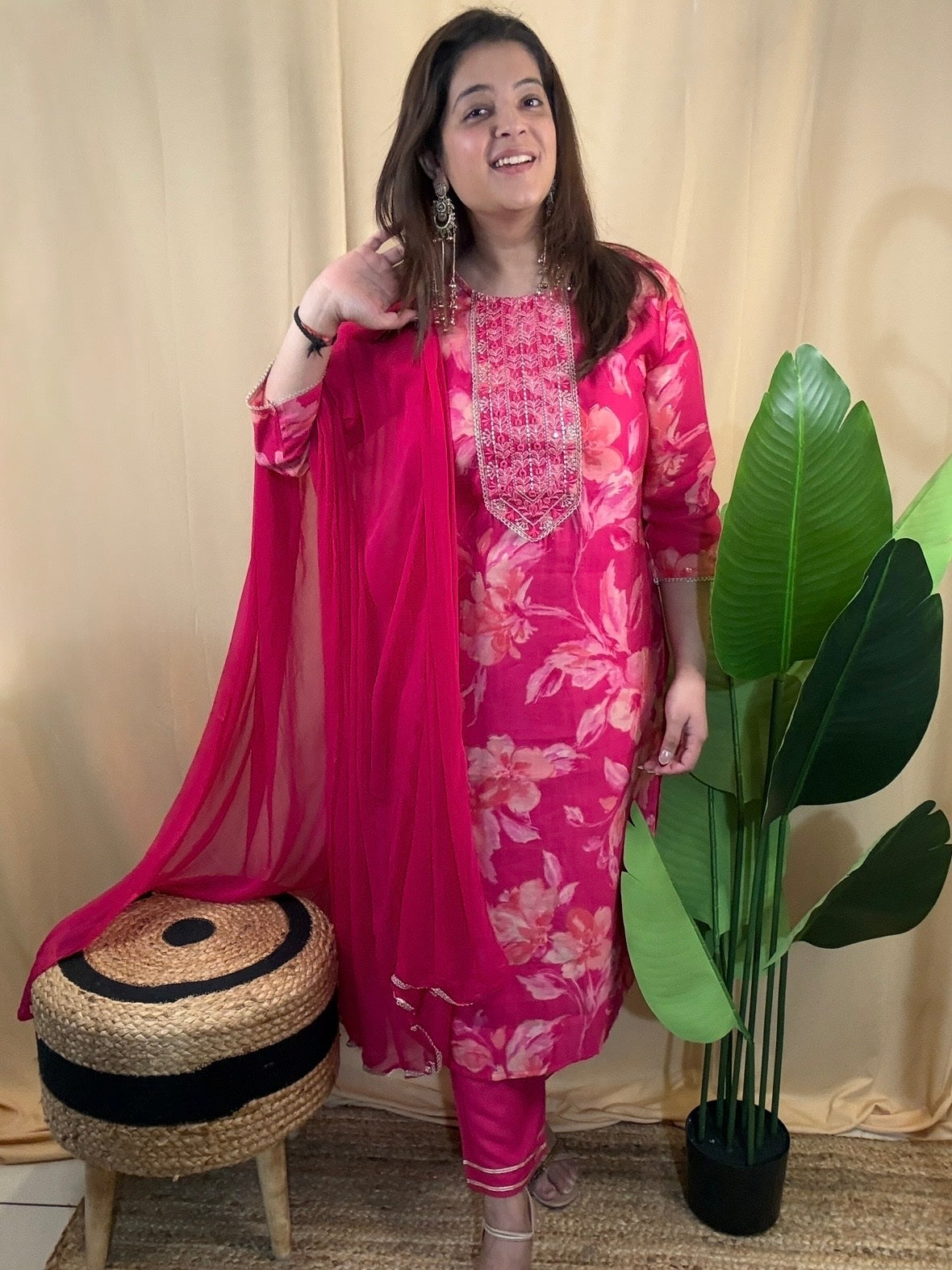 Rani Pink Floral Printed Kurta Set with Embroidered Neckline