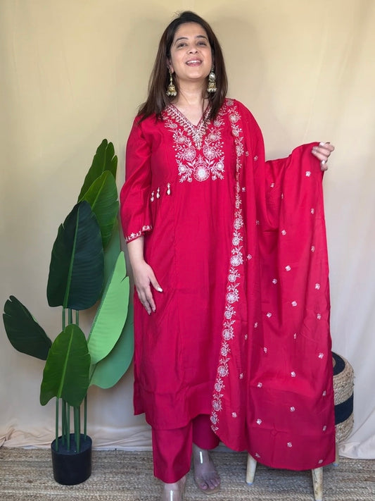 Rani Pink Floral Embroidered Kurta Set
