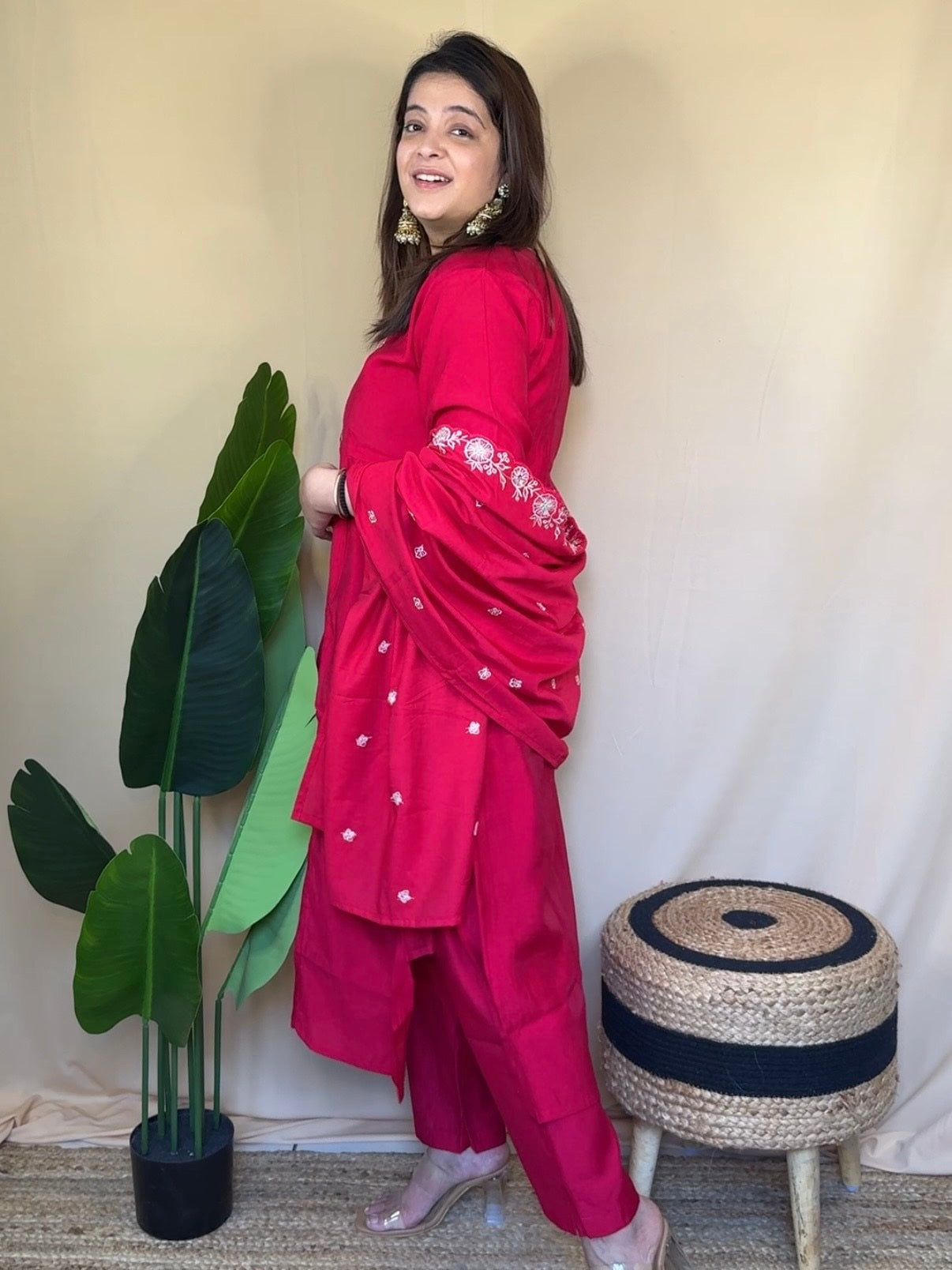 Rani Pink Floral Embroidered Kurta Set