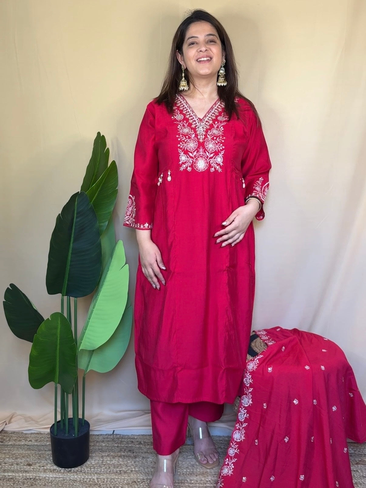 Rani Pink Floral Embroidered Kurta Set