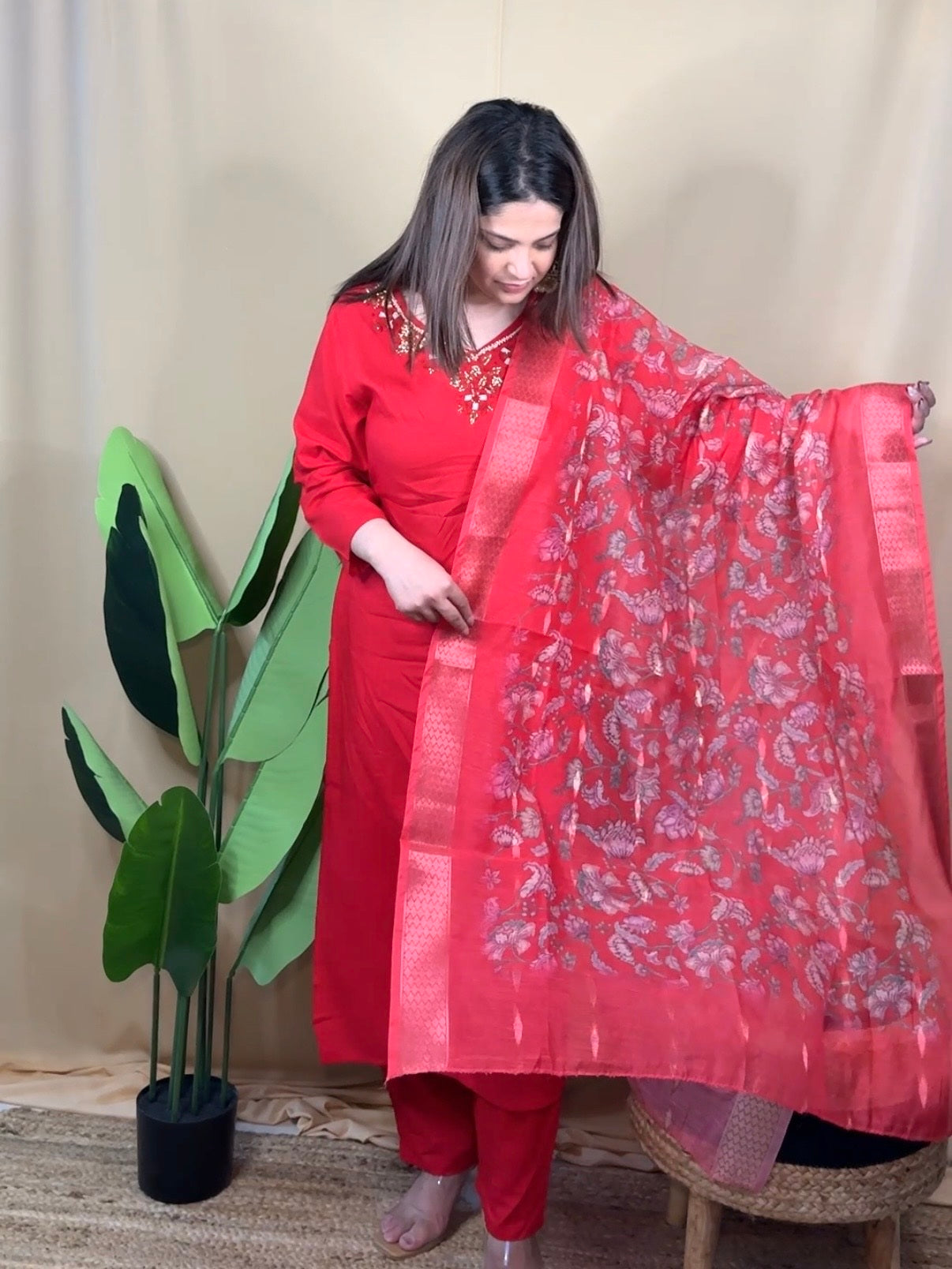Red Embroidered Kurta Set with Floral Dupatta