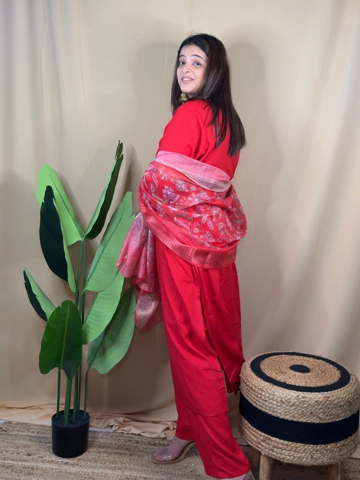 Red Embroidered Kurta Set with Floral Dupatta