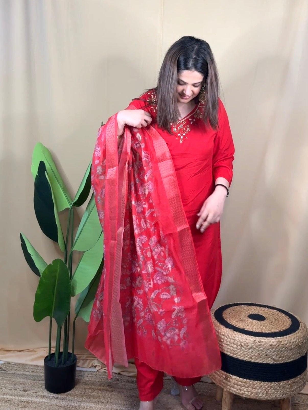 Red Embroidered Kurta Set with Floral Dupatta