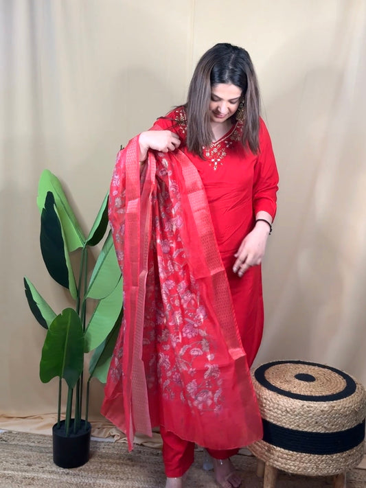 Red Embroidered Kurta Set with Floral Dupatta