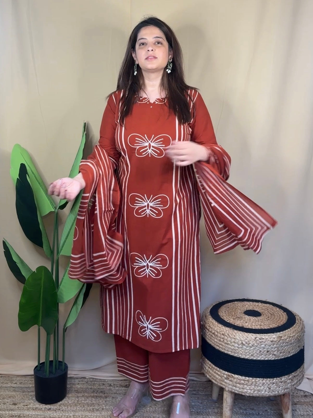 Rust Printed Kurta Set with Butterfly Motif
