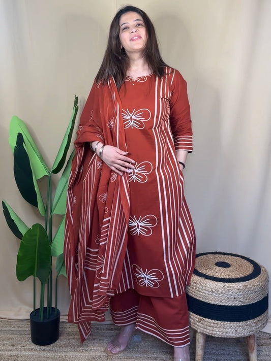 Rust Printed Kurta Set with Butterfly Motif