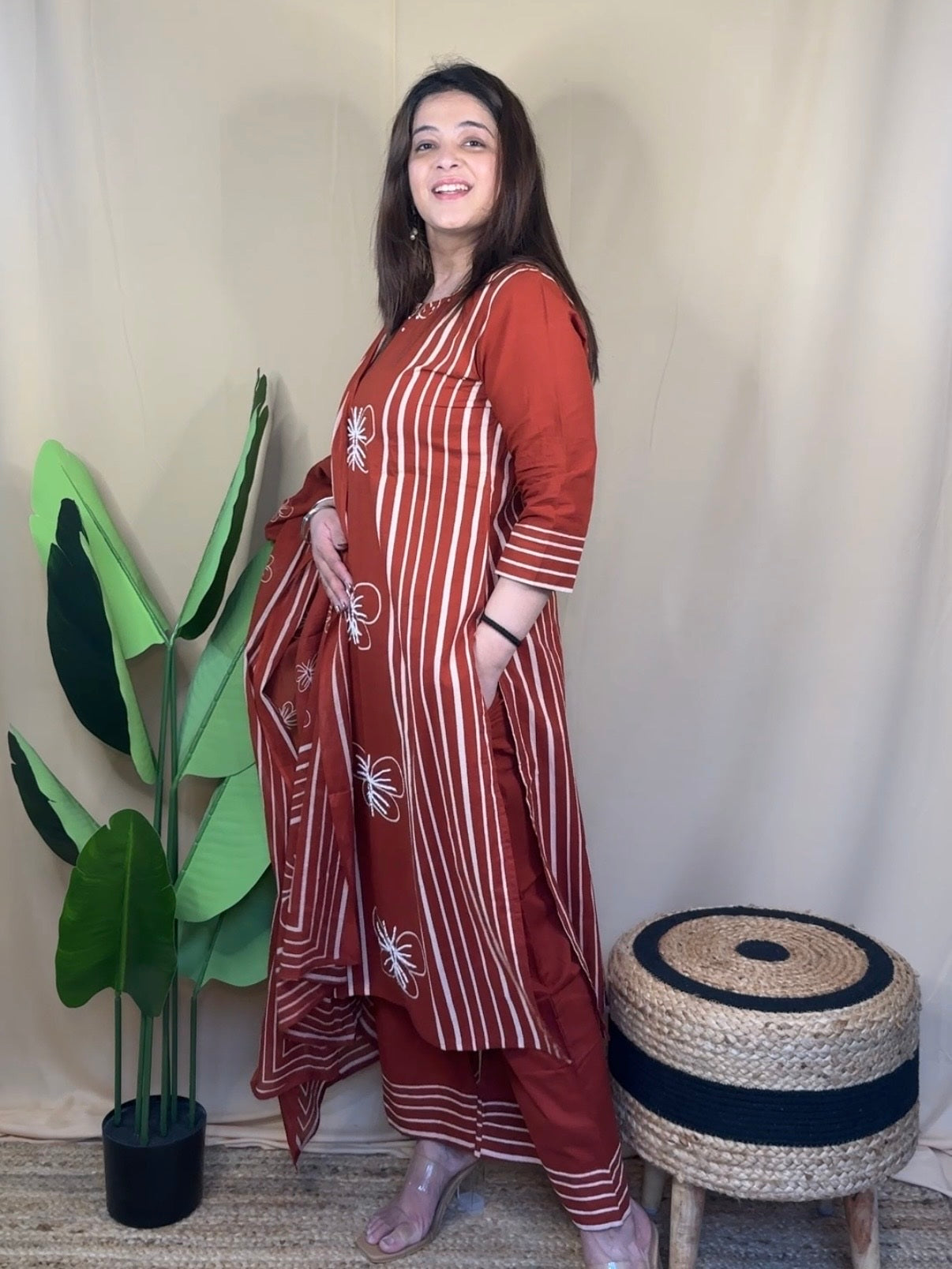 Rust Printed Kurta Set with Butterfly Motif