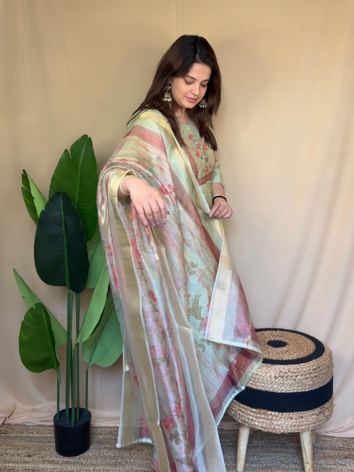 Sage Green Embroidered Floral Panel Kurta Set