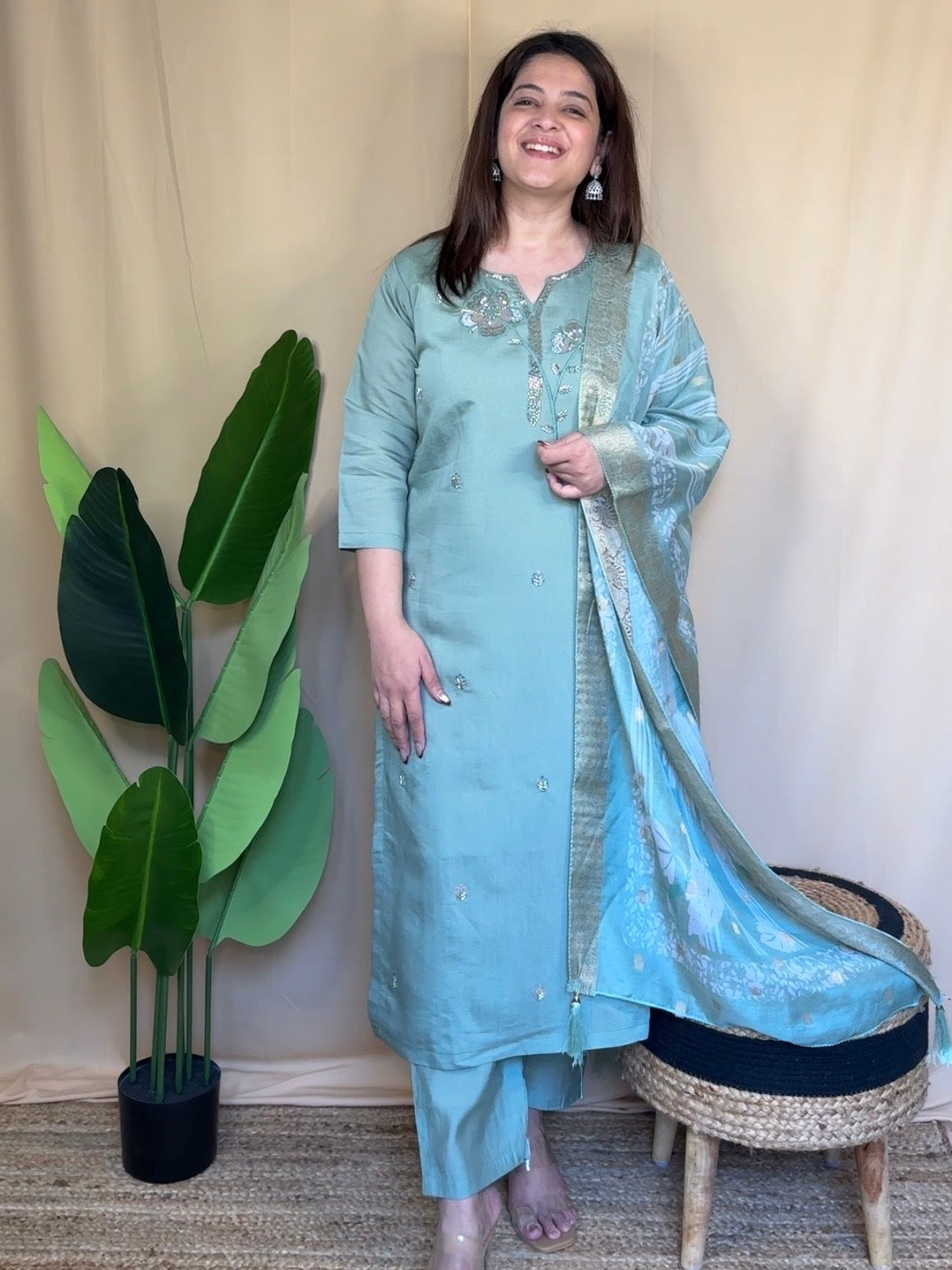 Sage Green Embroidered Kurta Set with Printed Dupatta