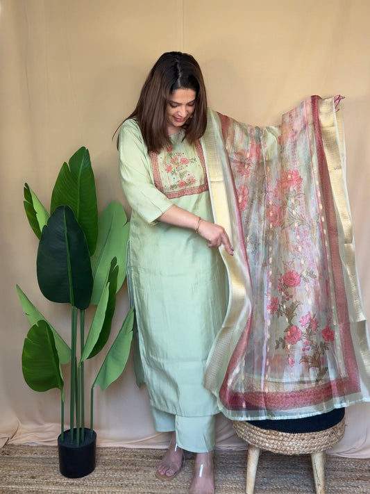 Sage Green Embroidered Floral Panel Kurta Set