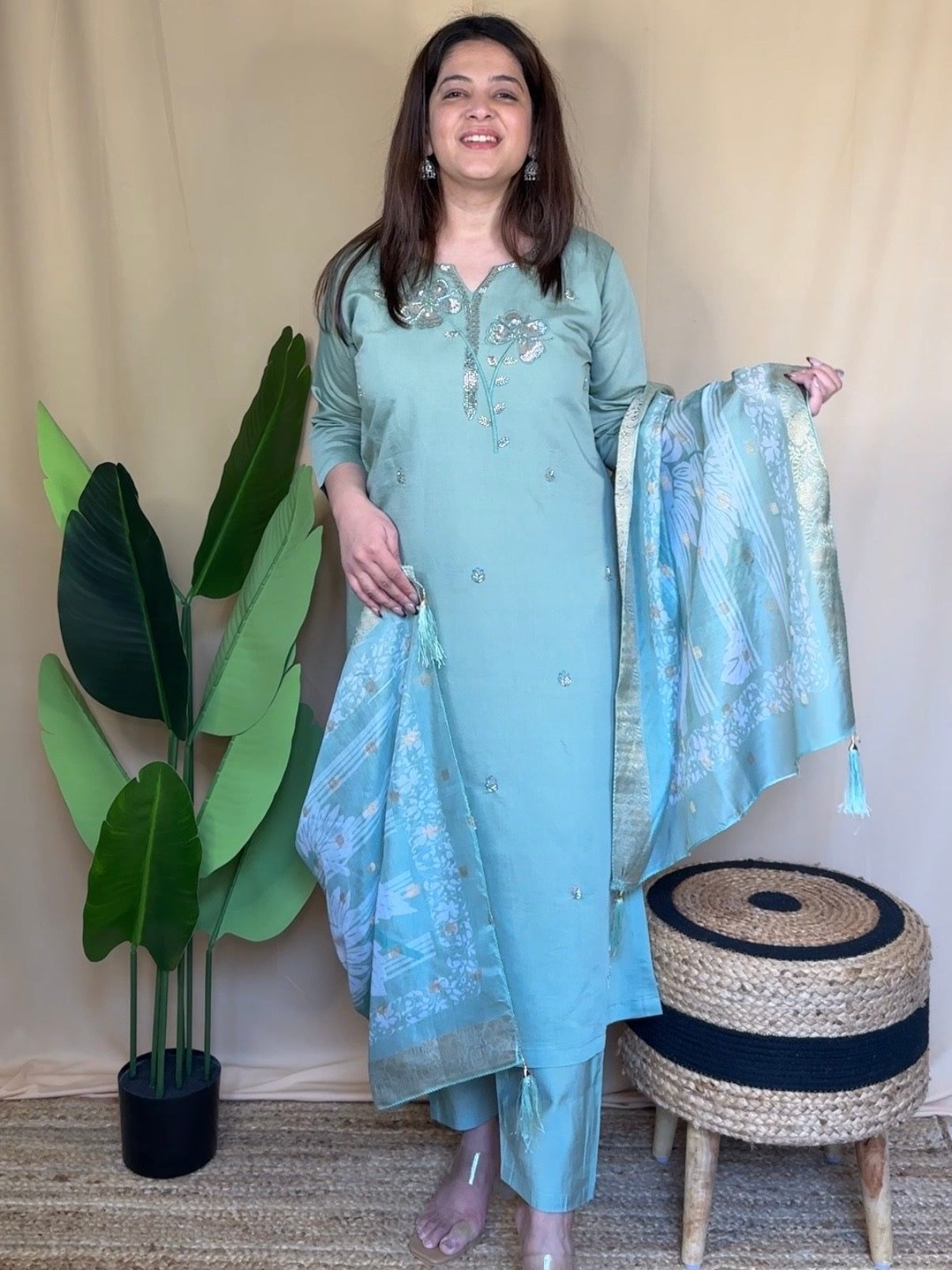 Sage Green Embroidered Kurta Set with Printed Dupatta