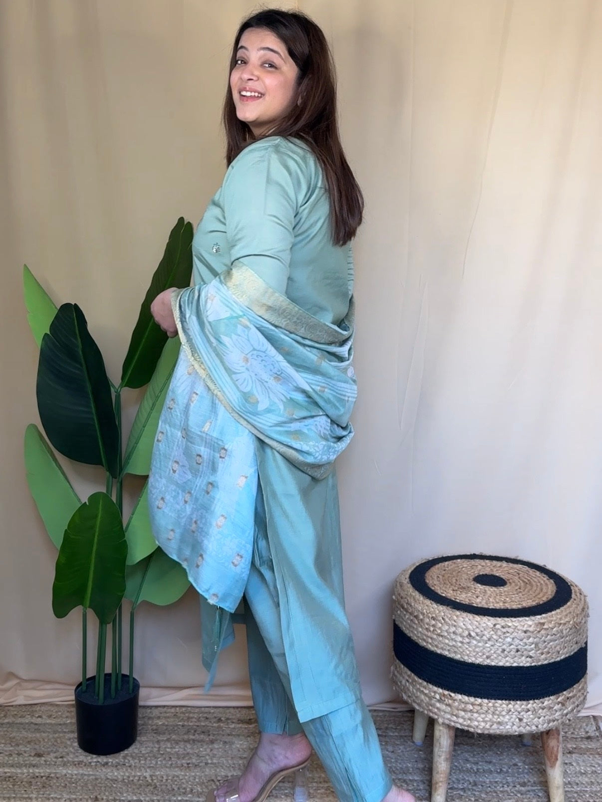 Sage Green Embroidered Kurta Set with Printed Dupatta