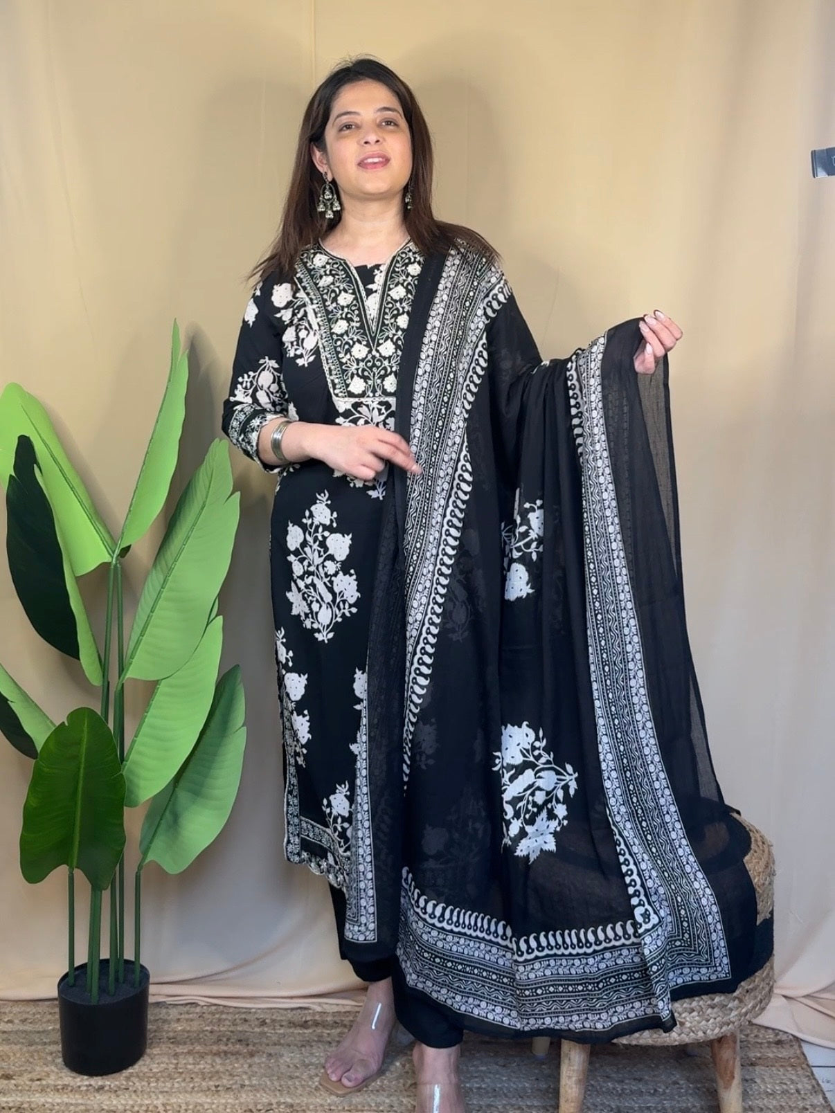 Black Embroidered Kurta Set with Printed Dupatta