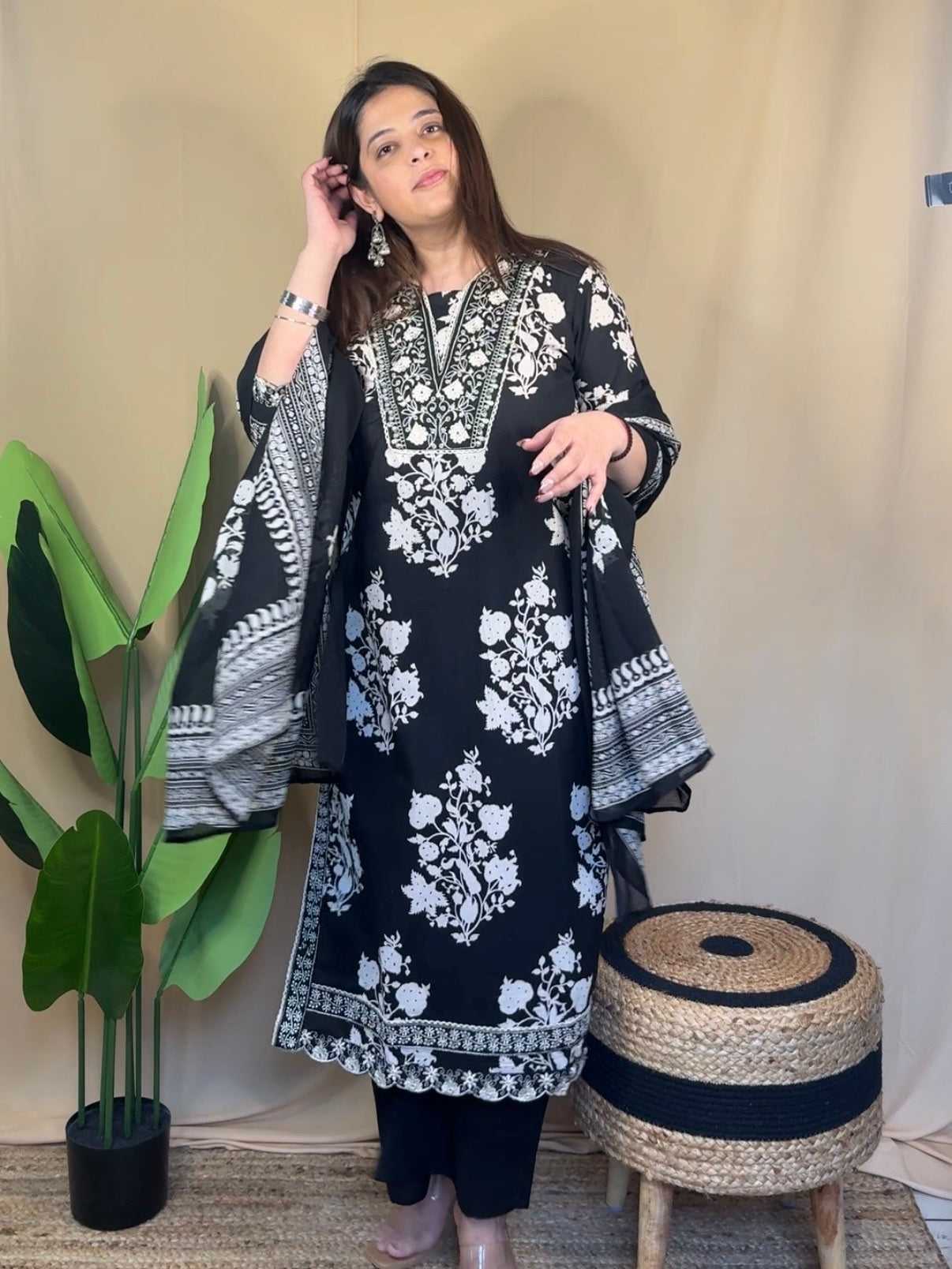 Black Embroidered Kurta Set with Printed Dupatta