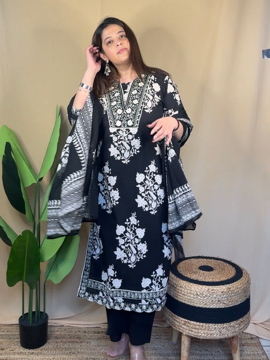 Black Embroidered Kurta Set with Printed Dupatta