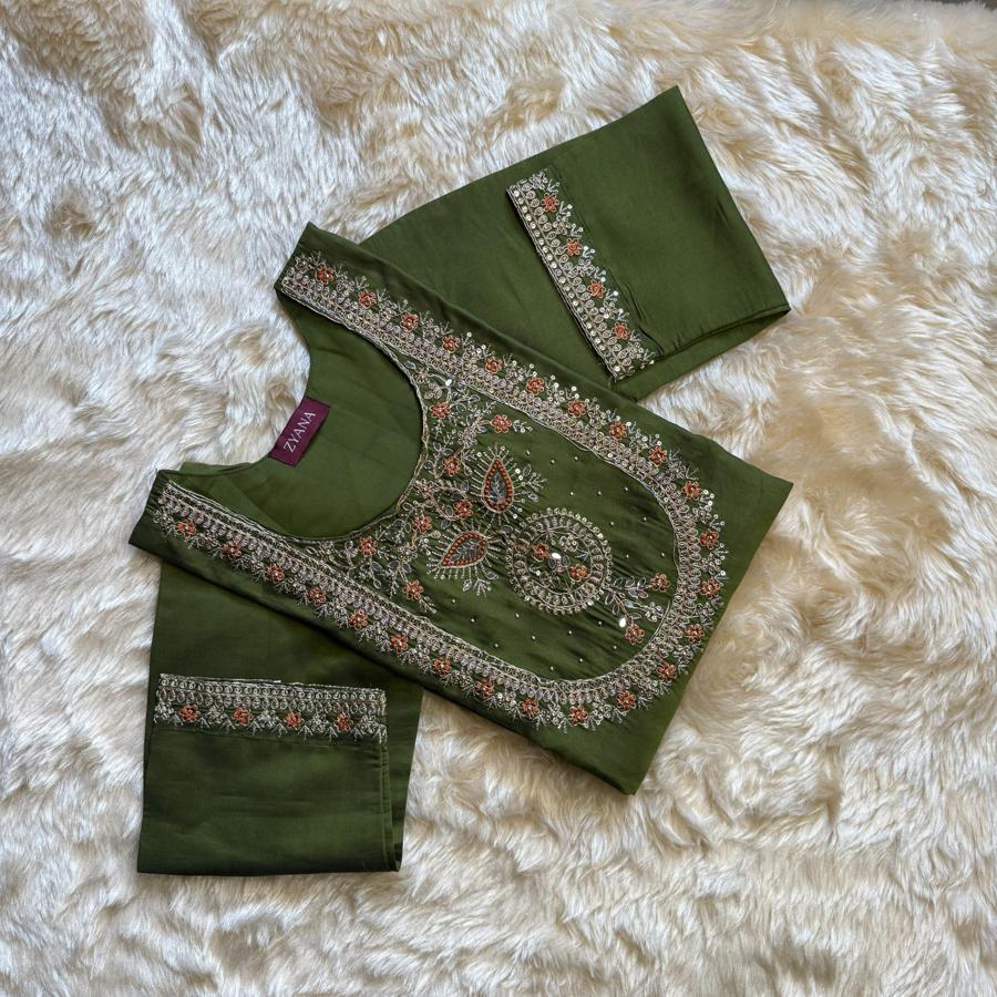 Olive green Embroidered Kurta Set with Rust Banarasi Dupatta