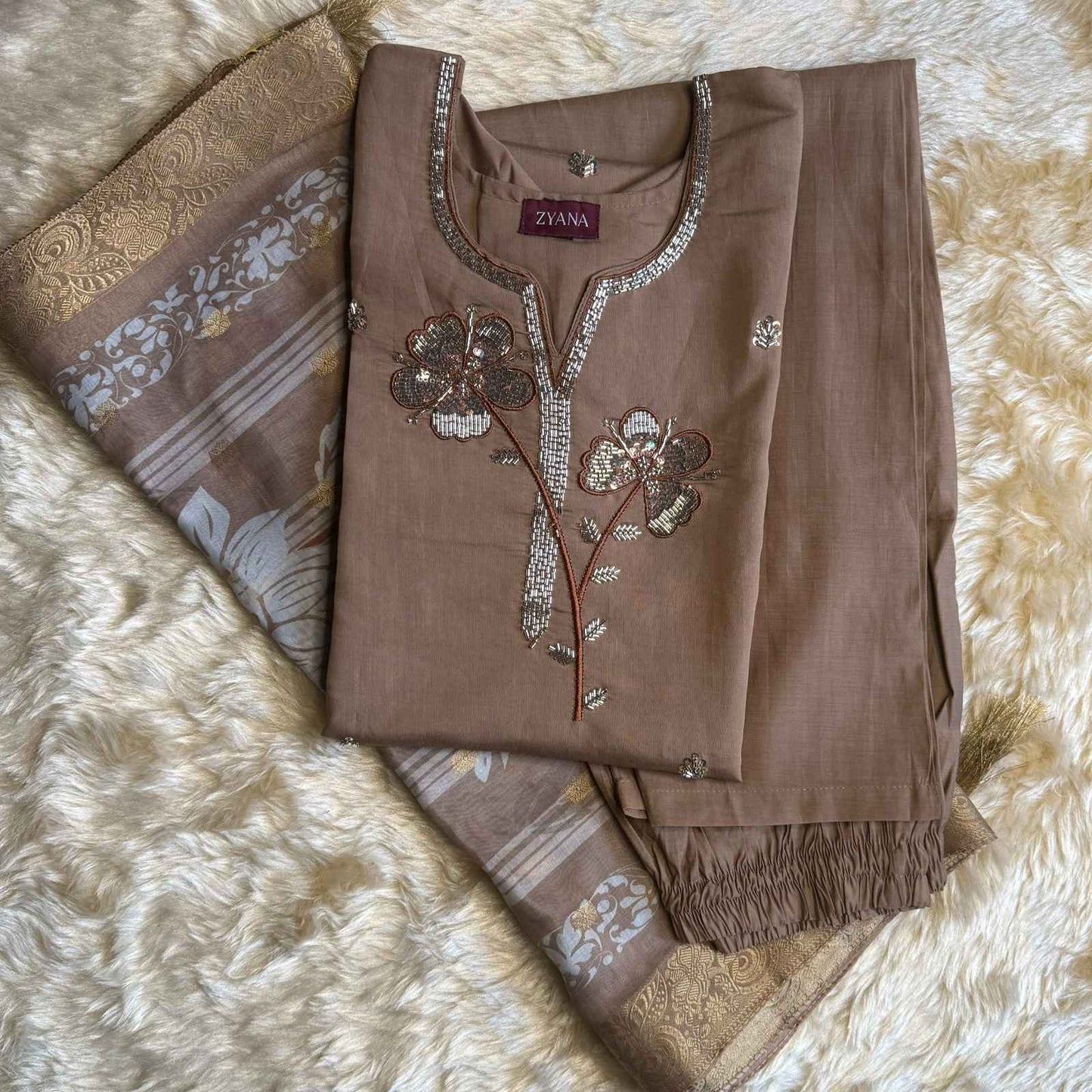 Coffee Brown Embroidered Kurta Set with Printed Dupatta
