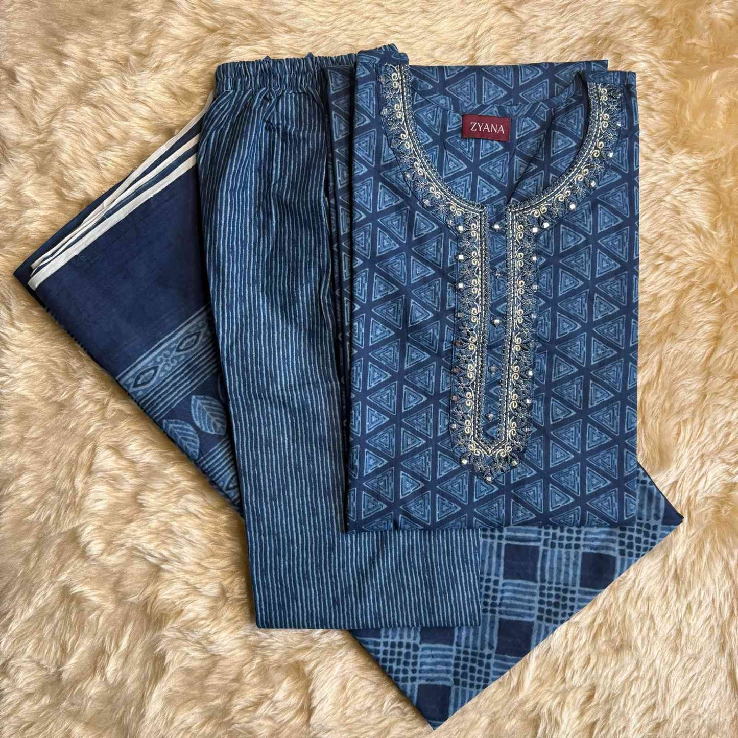 Indigo Blue Embroidered Neckline Kurta Set