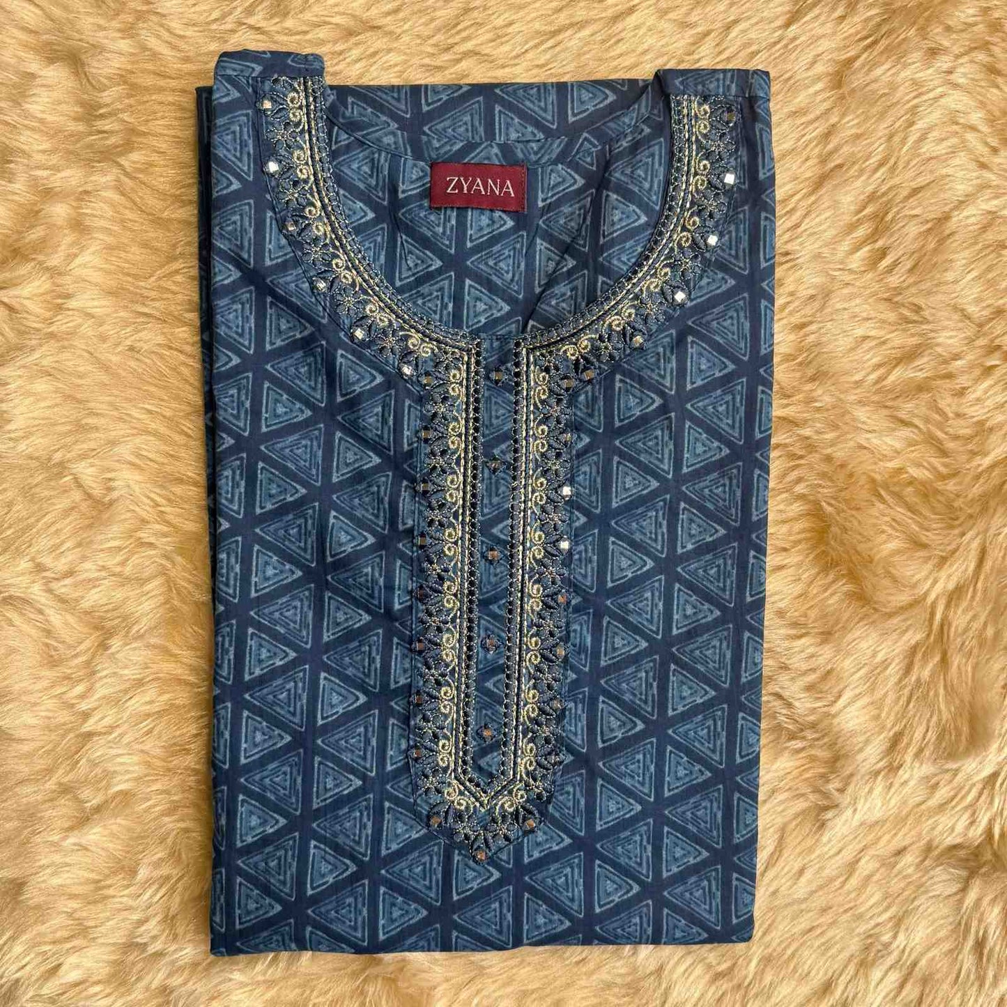Indigo Blue Embroidered Neckline Kurta Set