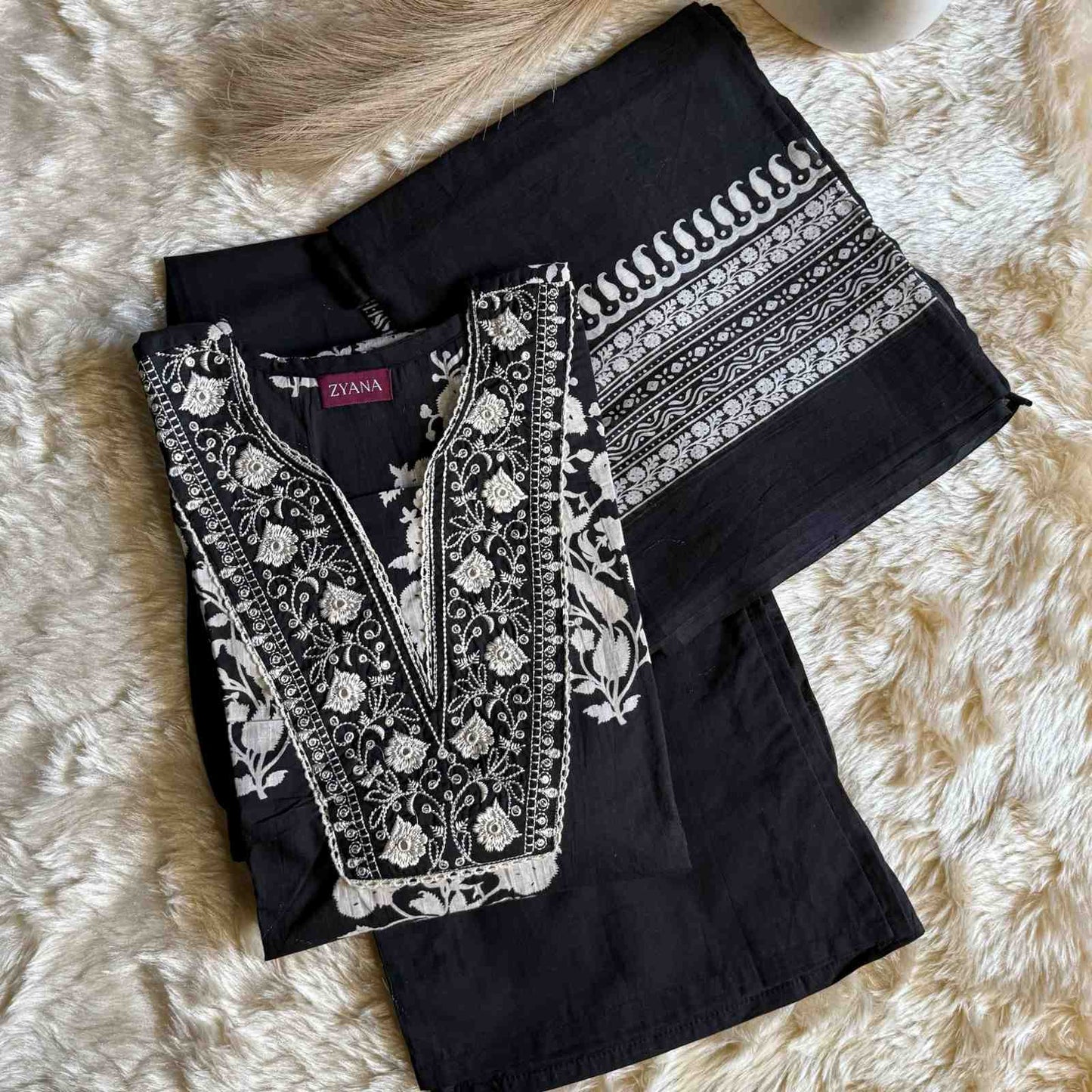 Black Embroidered Kurta Set with Printed Dupatta