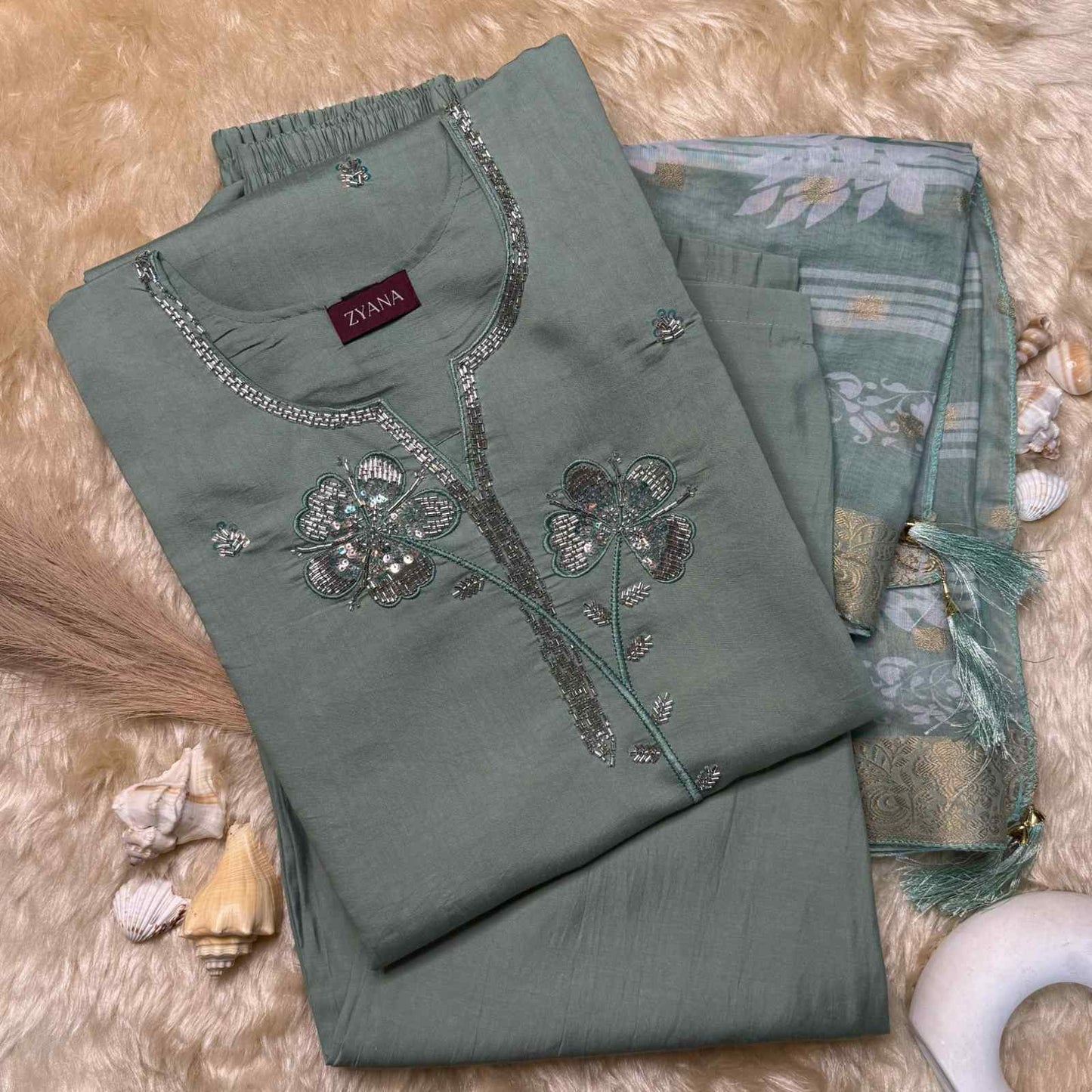 Sage Green Embroidered Kurta Set with Printed Dupatta