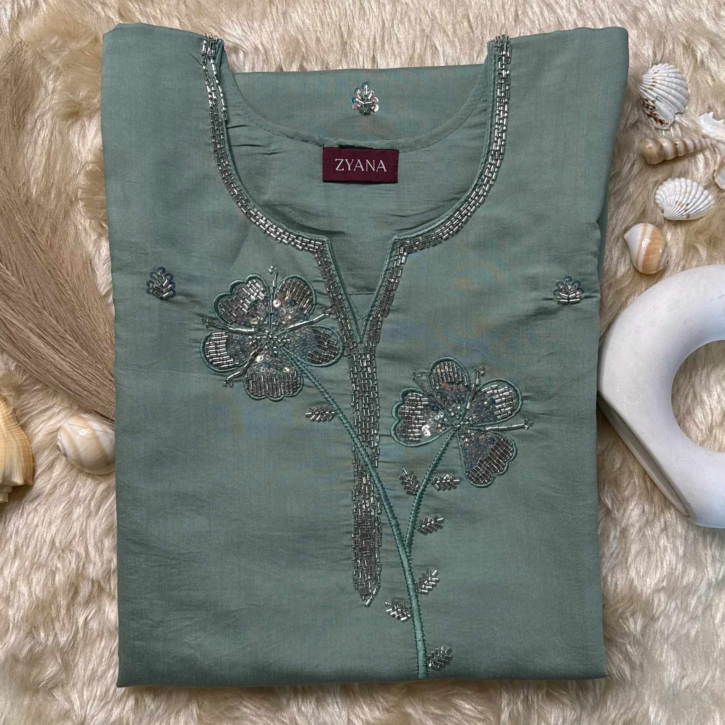 Sage Green Embroidered Kurta Set with Printed Dupatta