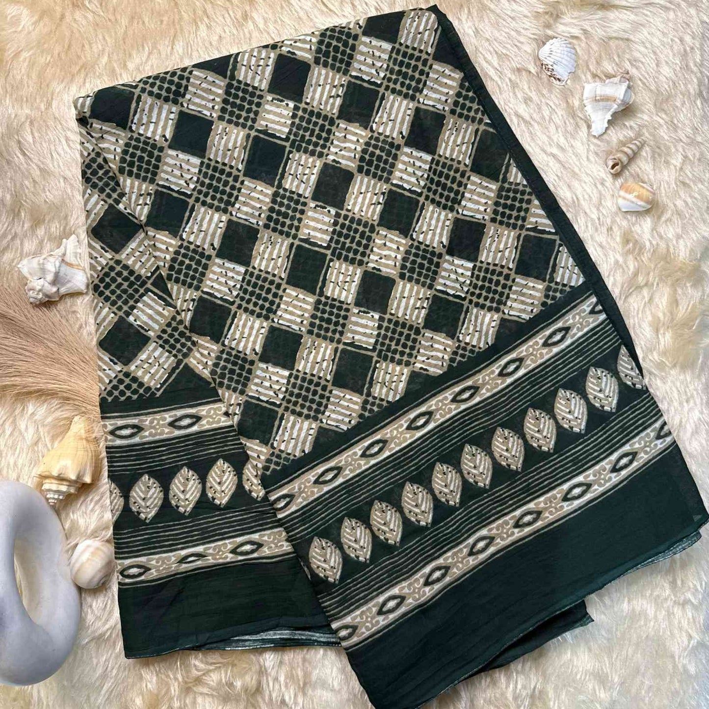 Bottle Green Printed Kurta Set with Embroidered Neckline