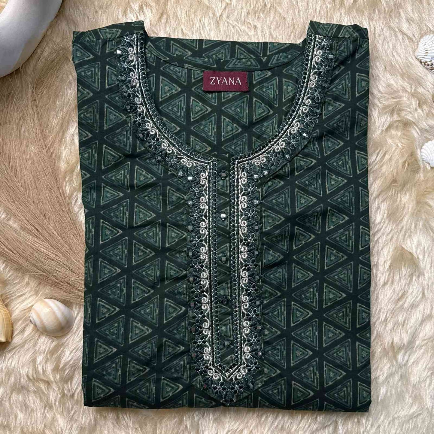 Bottle Green Printed Kurta Set with Embroidered Neckline