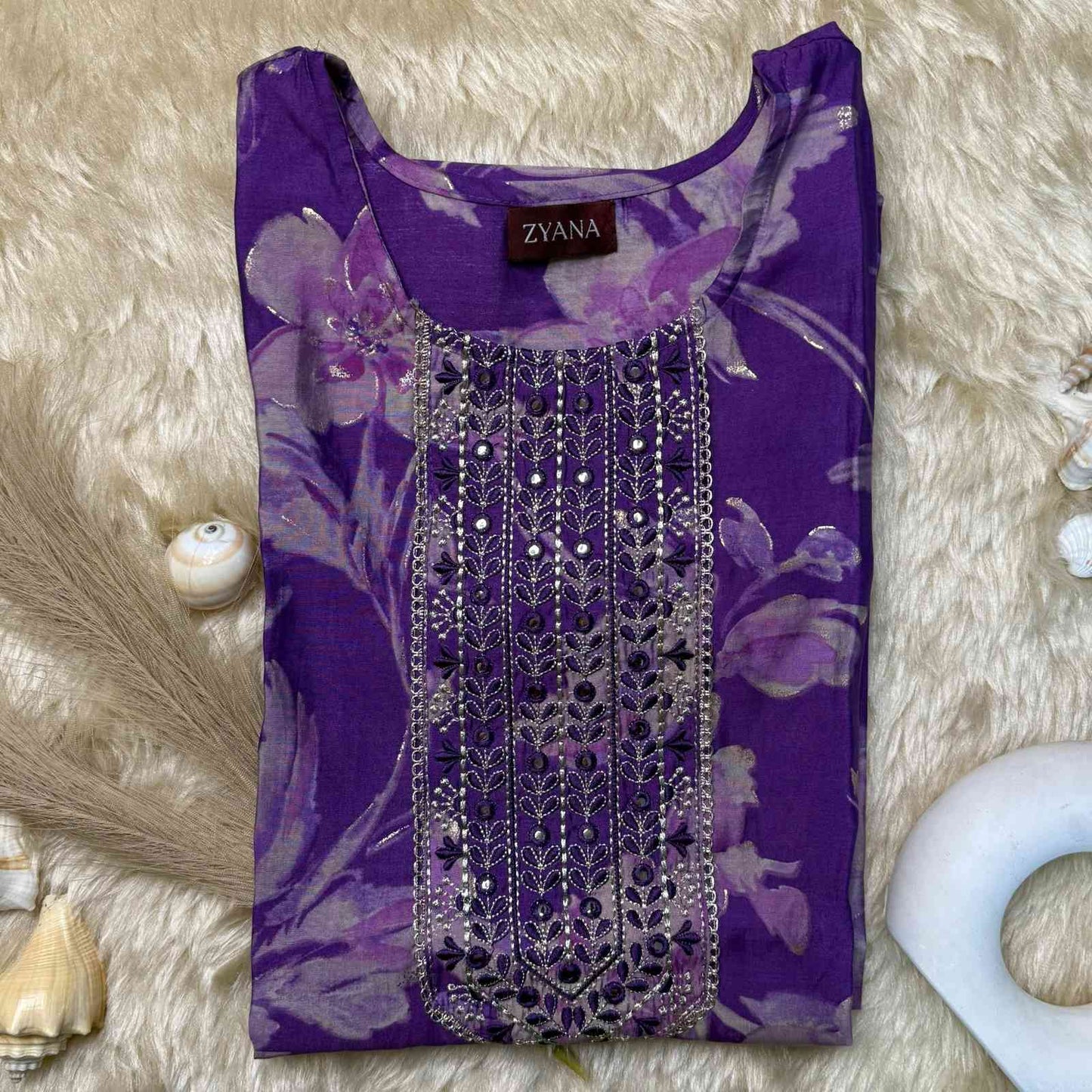 Purple Floral Printed Kurta Set with Embroidered Neckline