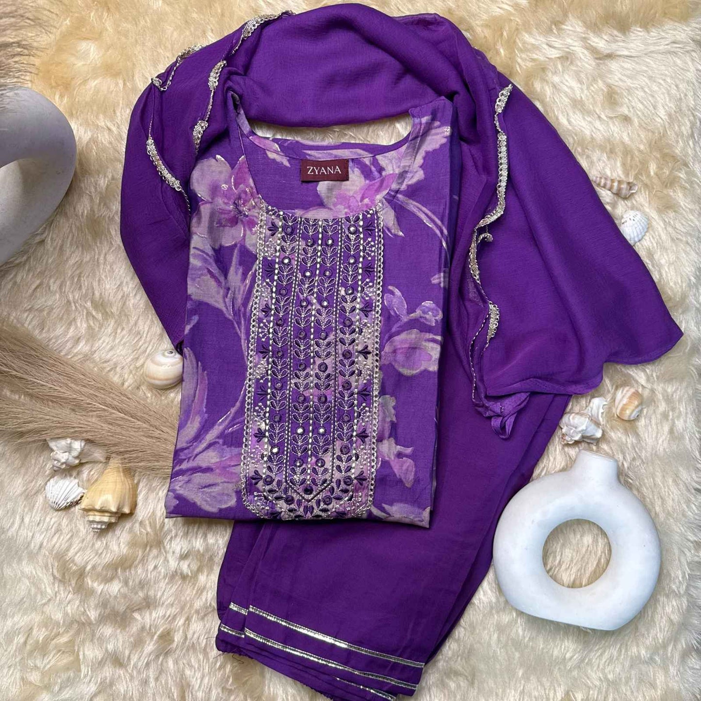 Purple Floral Printed Kurta Set with Embroidered Neckline
