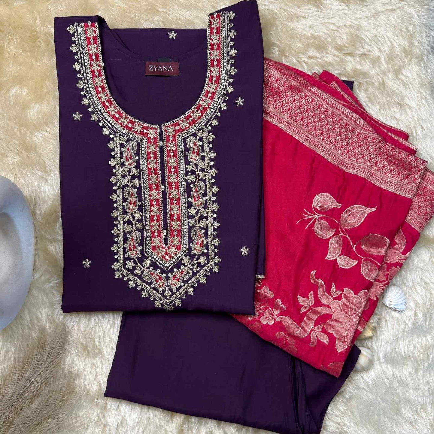 Royal Purple Embroidered Kurta Set with Banarasi Dupatta