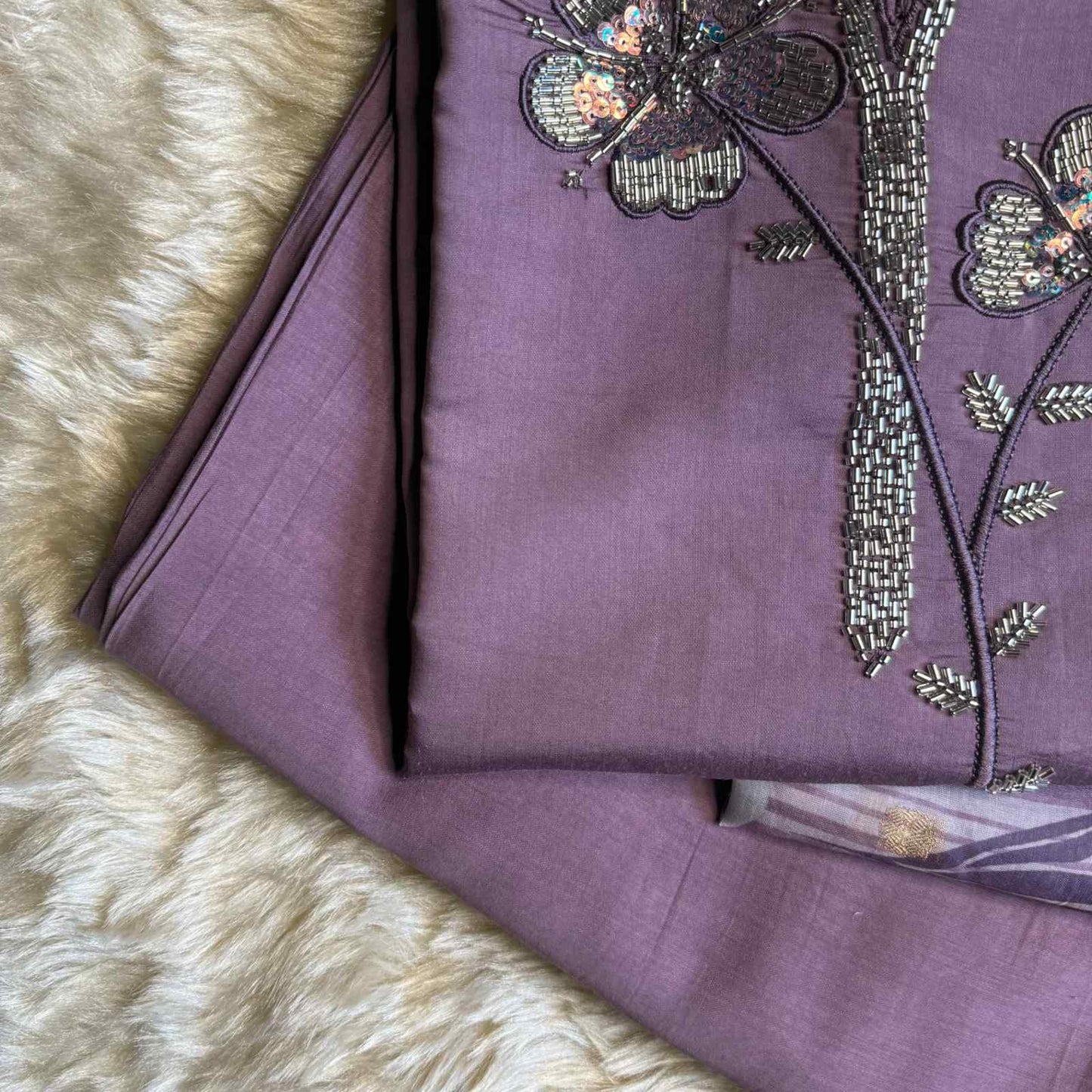 Lavender Embroidered Kurta Set with Printed Dupatta