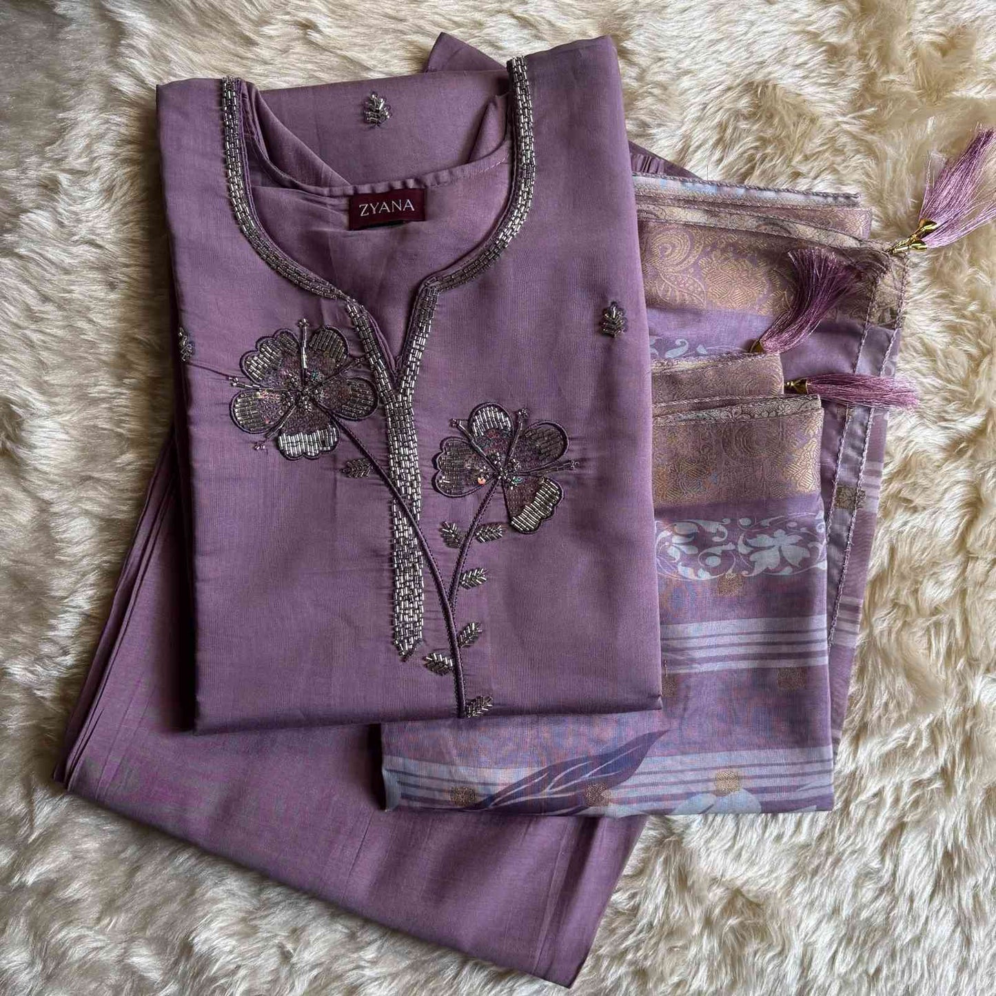Lavender Embroidered Kurta Set with Printed Dupatta