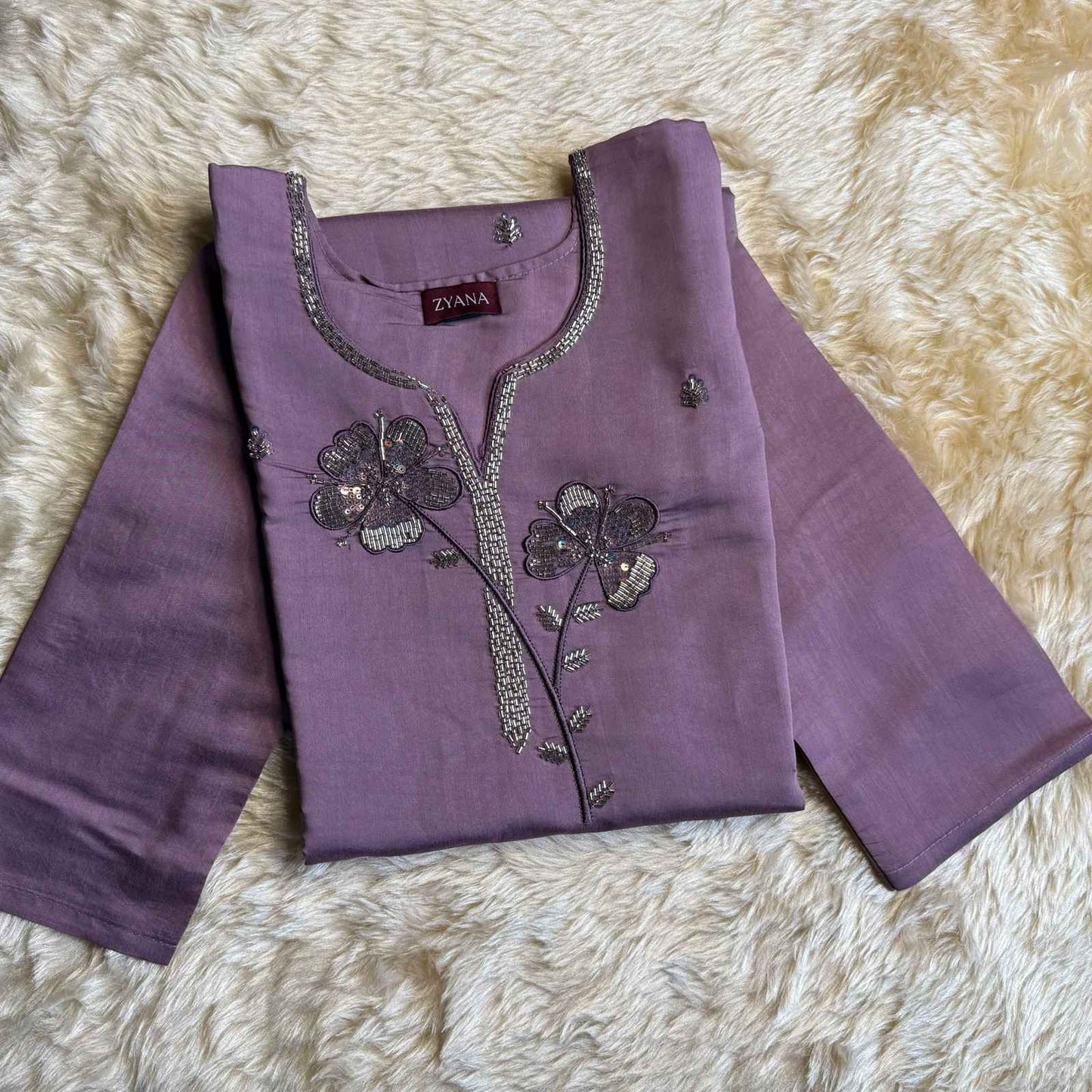 Lavender Embroidered Kurta Set with Printed Dupatta