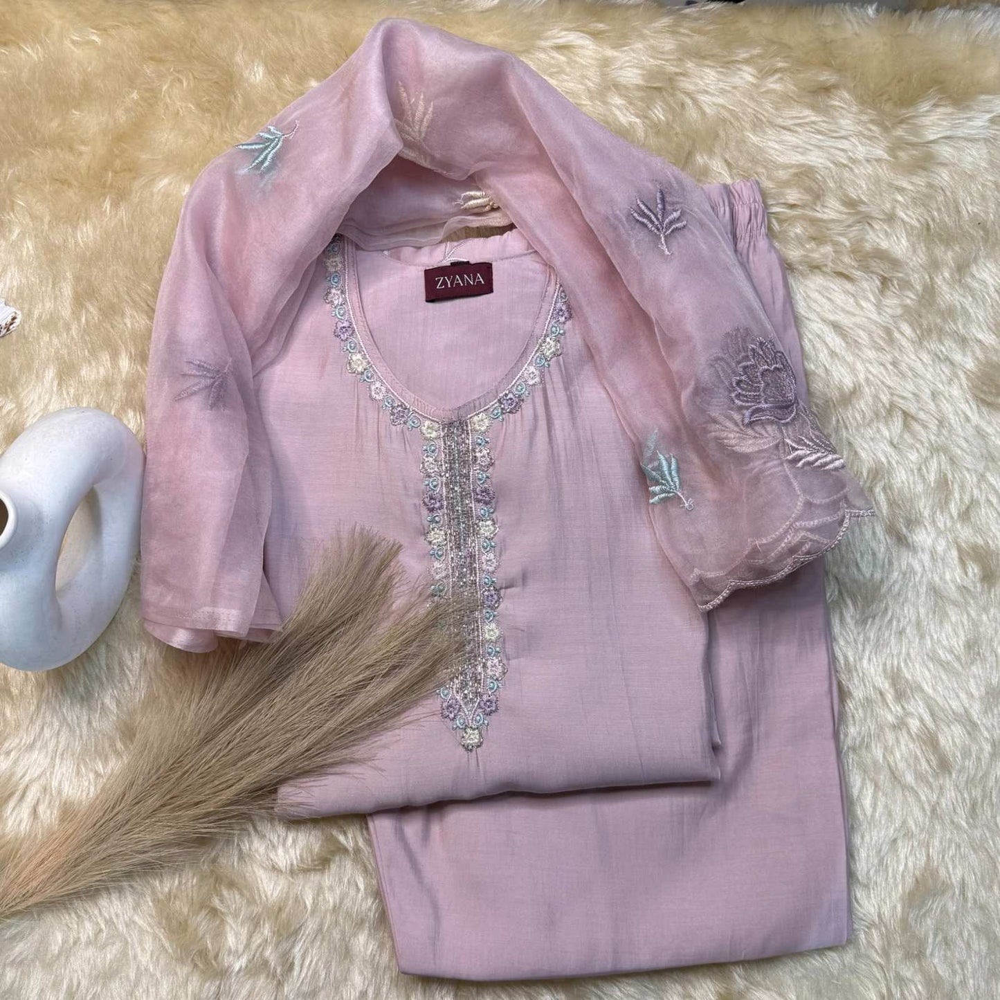 Light Pink Floral Embroidered Kurta Set